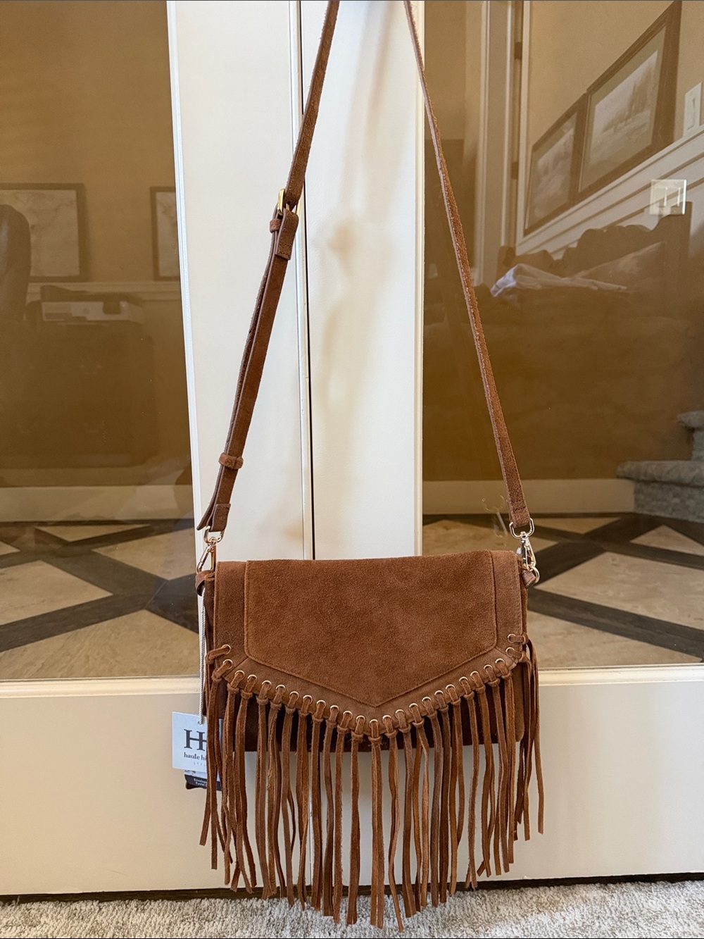 Haute Hippie Women's Tan Genuine Suede Eyelet Fringe Flap Envelope Crossbody Bag